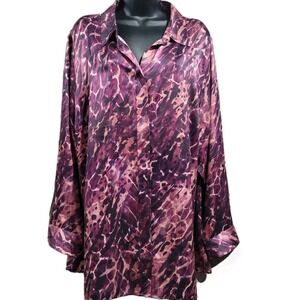 Soft Surroundings Silk Button Up Blouse Plus Sz 2X Purple Abstract Animal Print